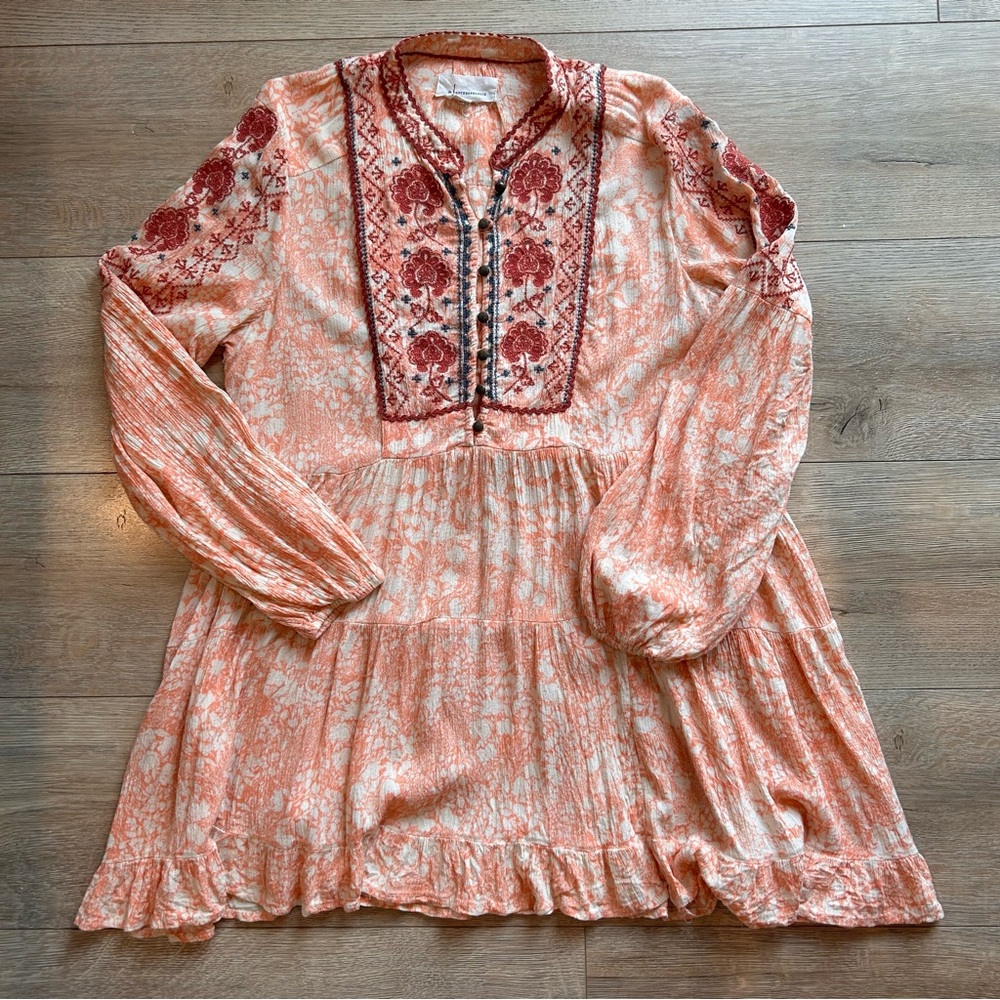 Anthropologie Peach and Cream Floral Embroidered Blouse